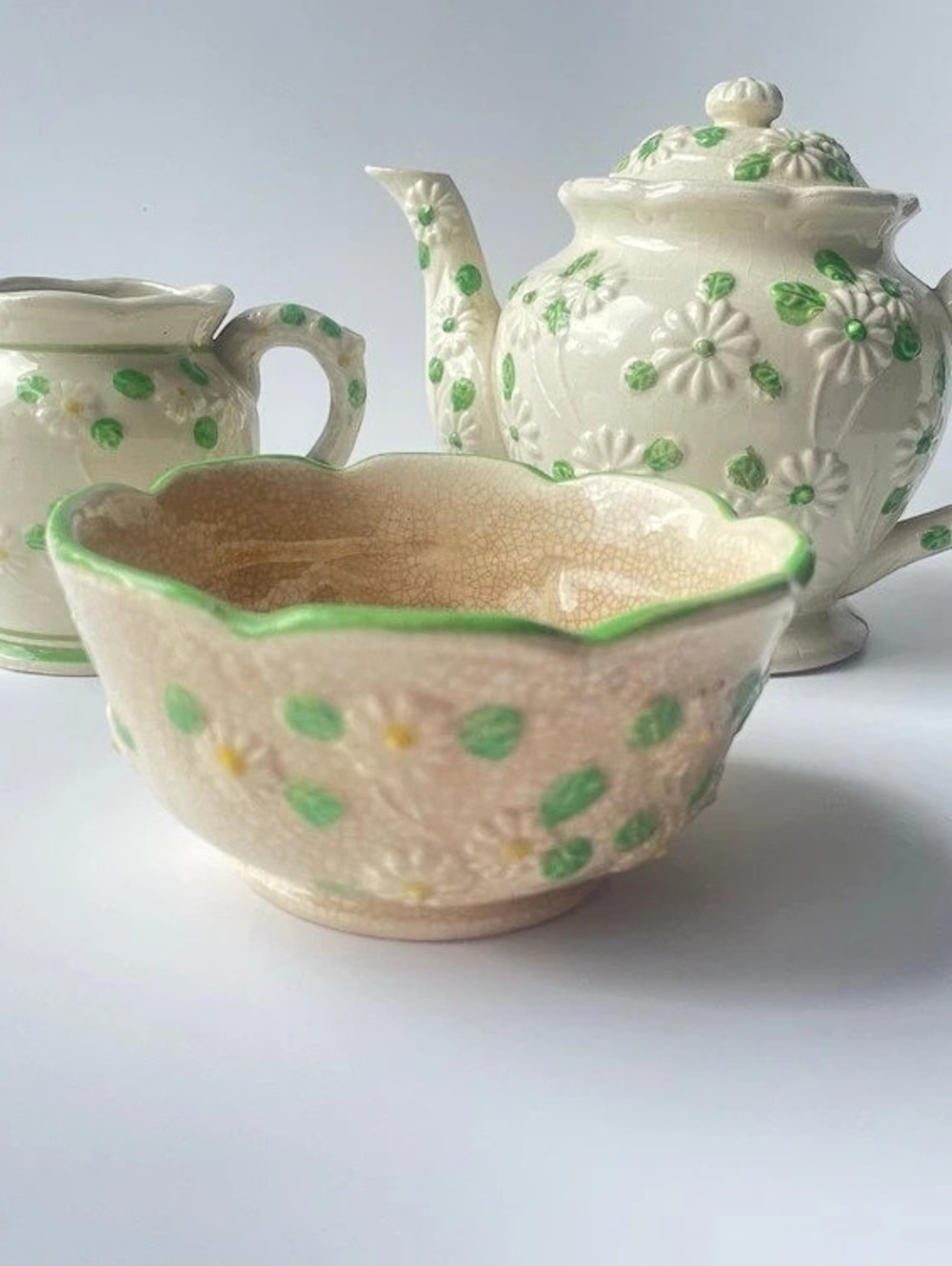 Vintage Japanese Majolica Daisy Ceramic Tea Set - 3pc - Picture 2 of 9